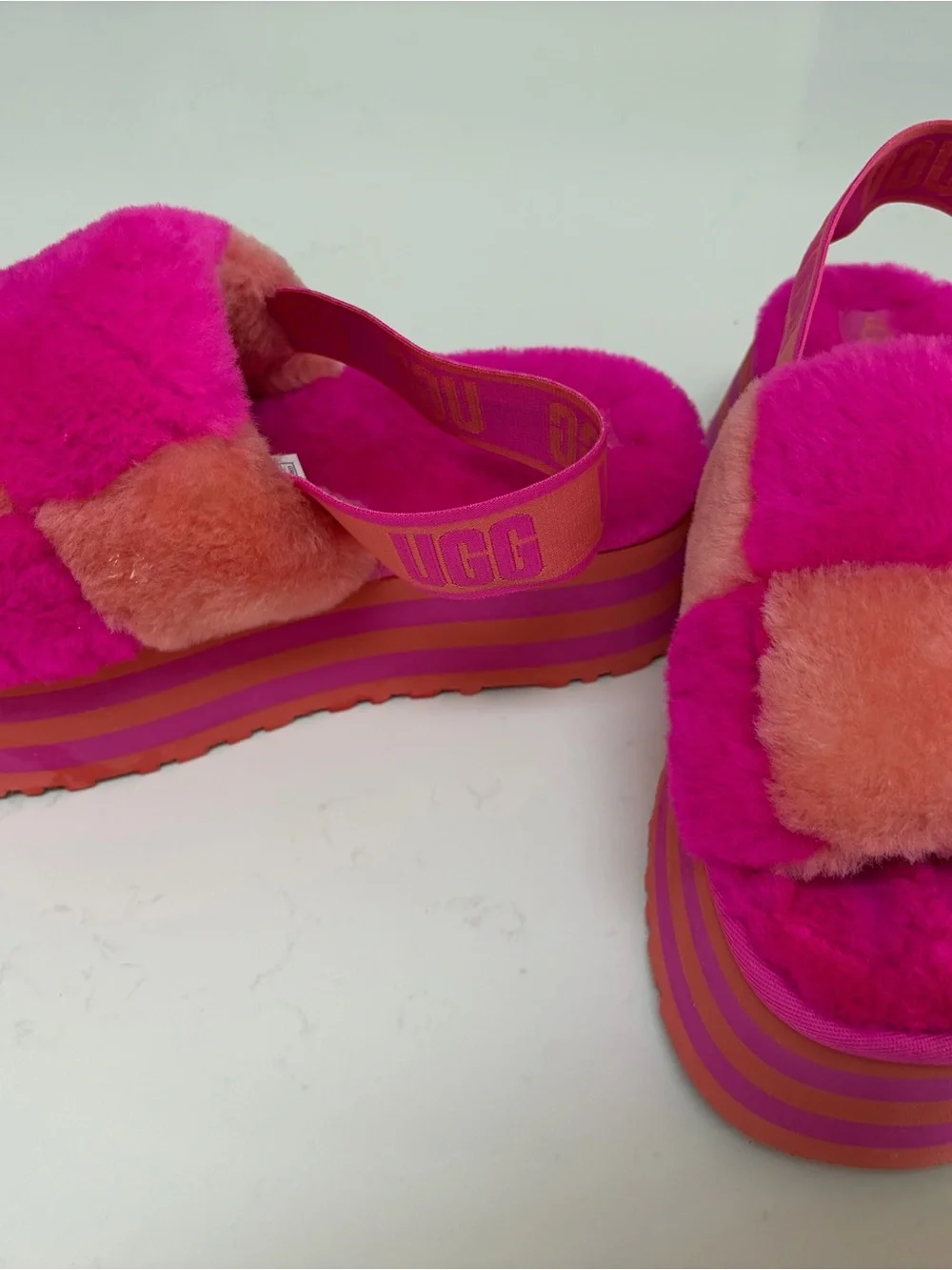New Ugg Plush Slide Sandals in Bright Pink and Orange